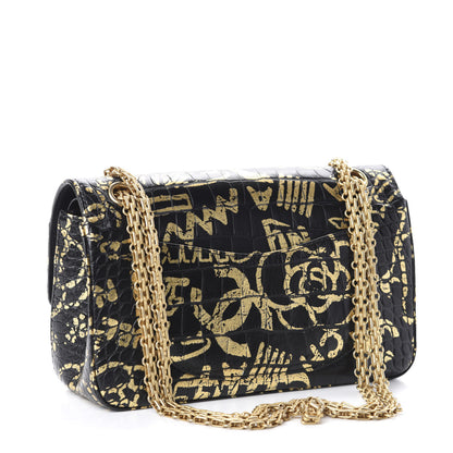 Chanel Calfskin Crocodile Embossed Graffiti 2.55 Cocodile Reissue 225 Flap Black Gold 3 of 13