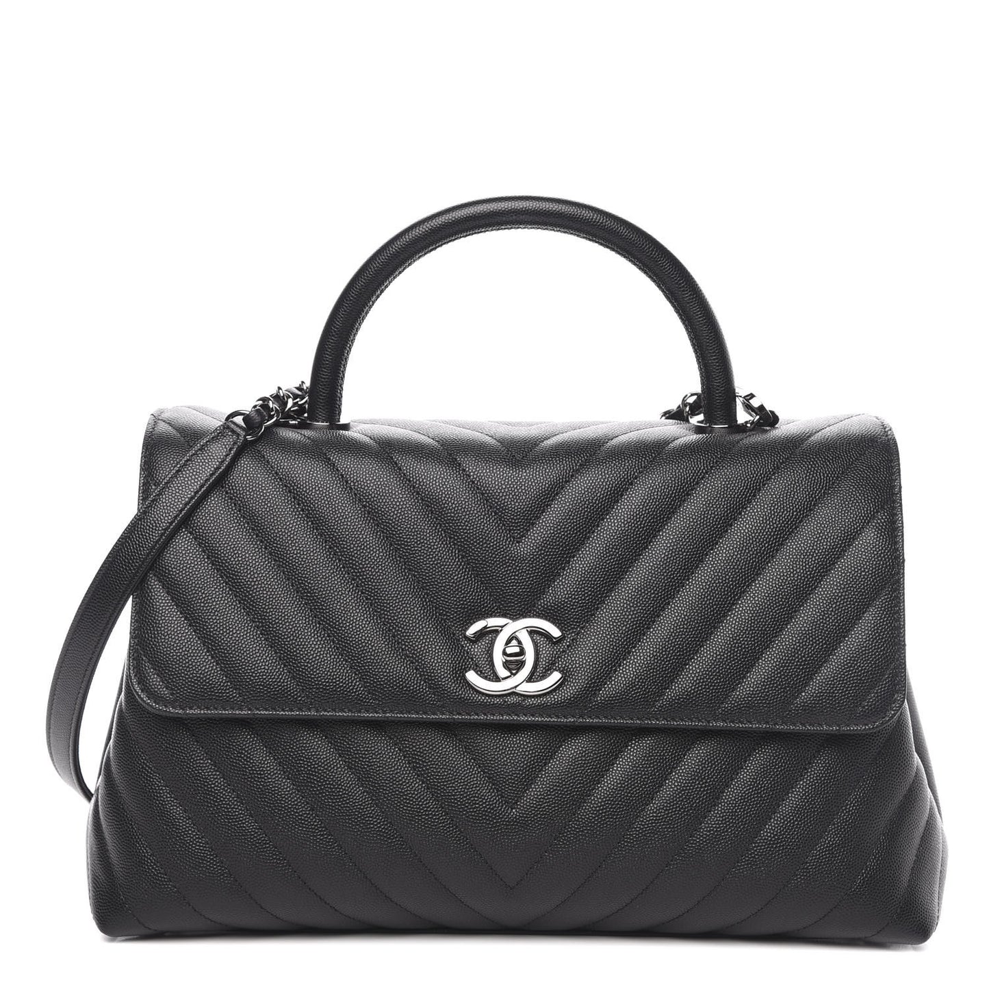 Caviar Chevron Quilted Medium Coco Handle Flap Black