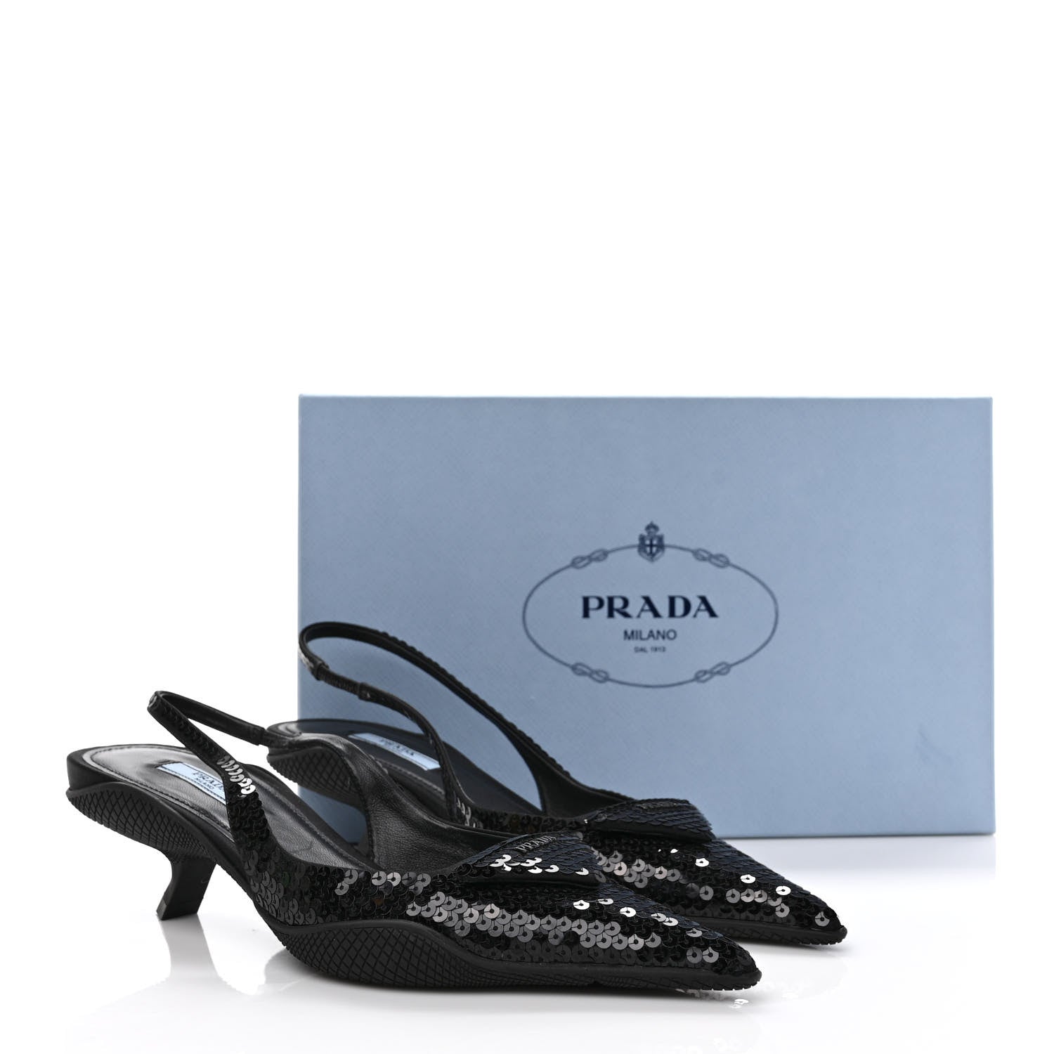Prada Paillettes Logo Pointed Toe Slingback 45mm Pumps 37.5 Black 9 of 9