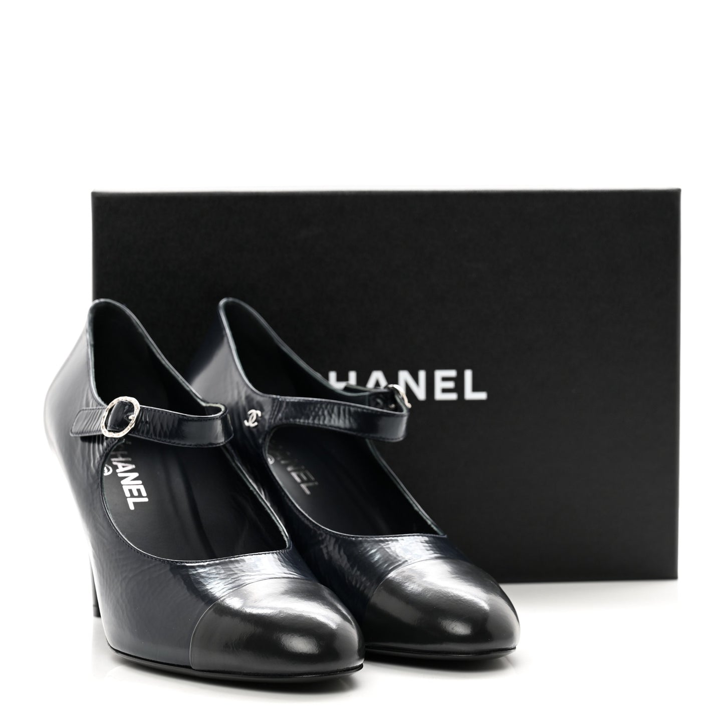 Shiny Goatskin Cap Toe Mary Jane Pumps 42 Navy Blue Dark Grey