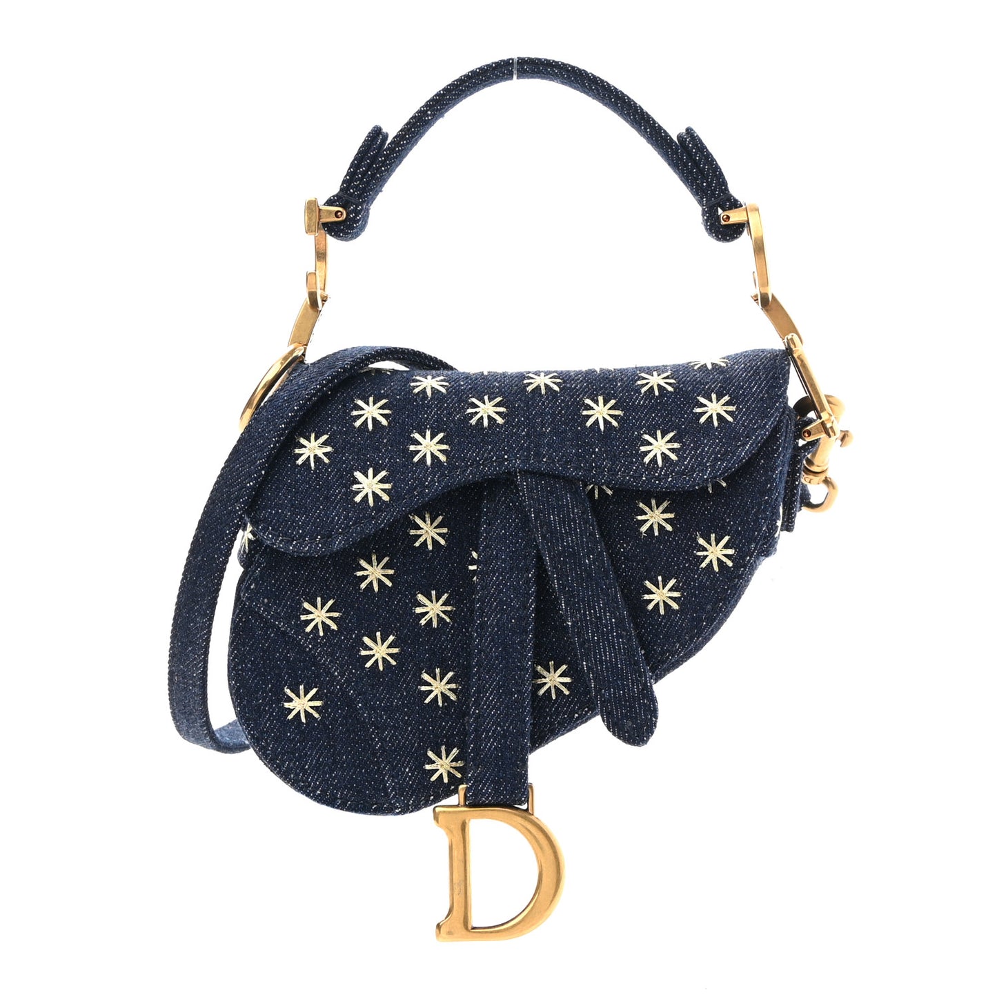 Denim Embroidered Micro Saddle Bag With Strap Blue Gold