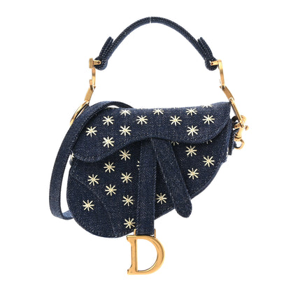 Christian Dior Denim Embroidered Micro Saddle Bag With Strap Blue Gold 1 of 9