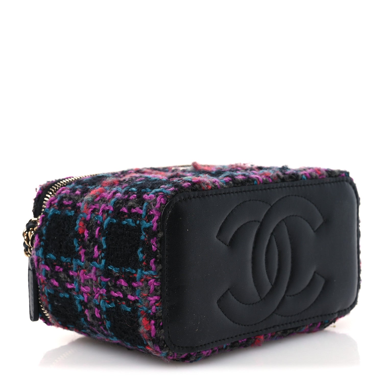 Chanel Tweed Quilted Small Vanity Case With Chain Black Purple Green Red 3 of 12