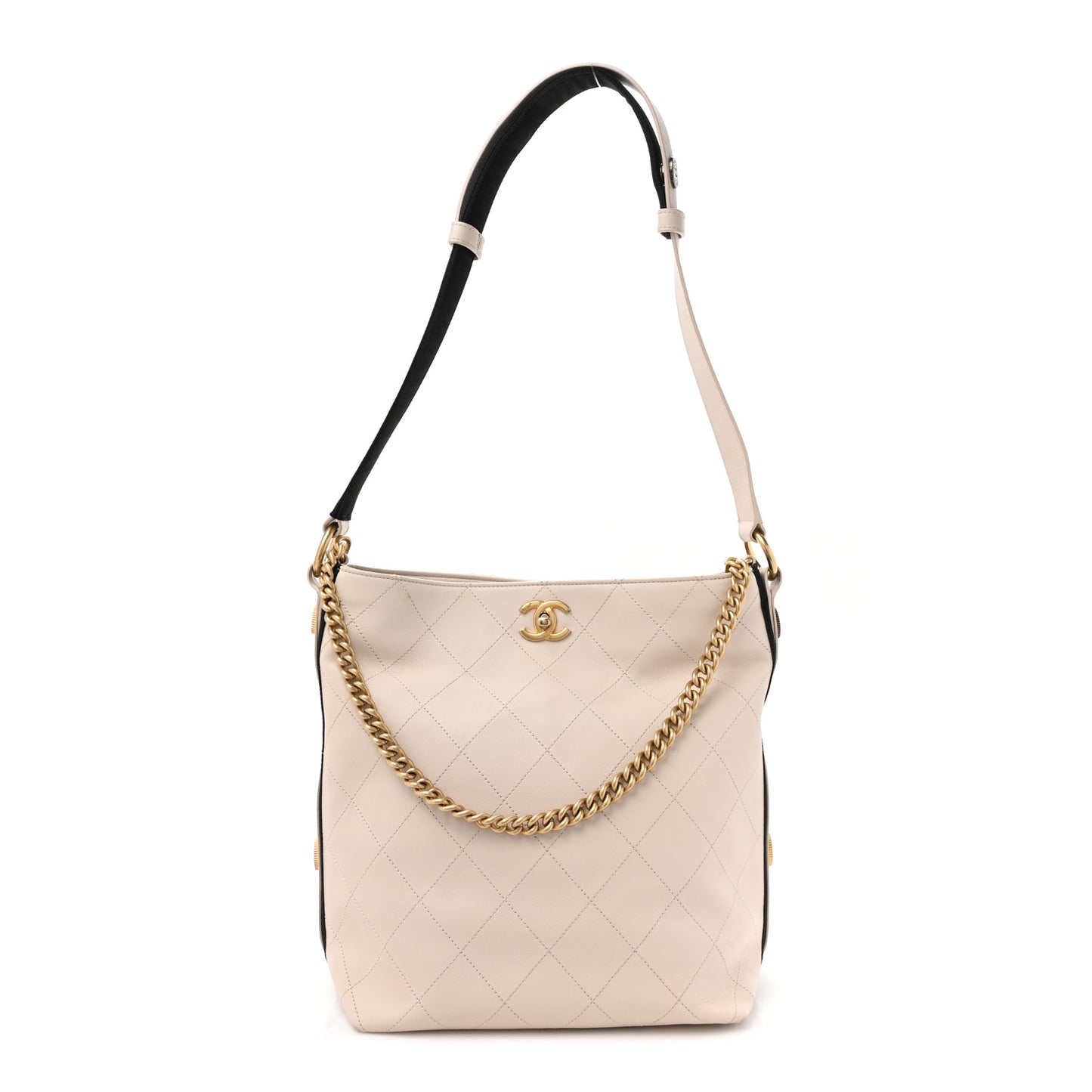 Calfskin Stitched Large Button Up Hobo Ivory Black