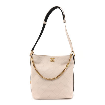 Chanel Calfskin Stitched Large Button Up Hobo Ivory Black 1 of 14