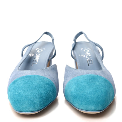 Chanel Suede Cap Toe CC Slingback Pumps 37.5 Light Blue Turquoise 2 of 9