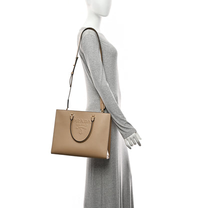 Prada Saffiano Lux Logo Embossed Large Shoulder Tote Handbag Beige 4 of 20