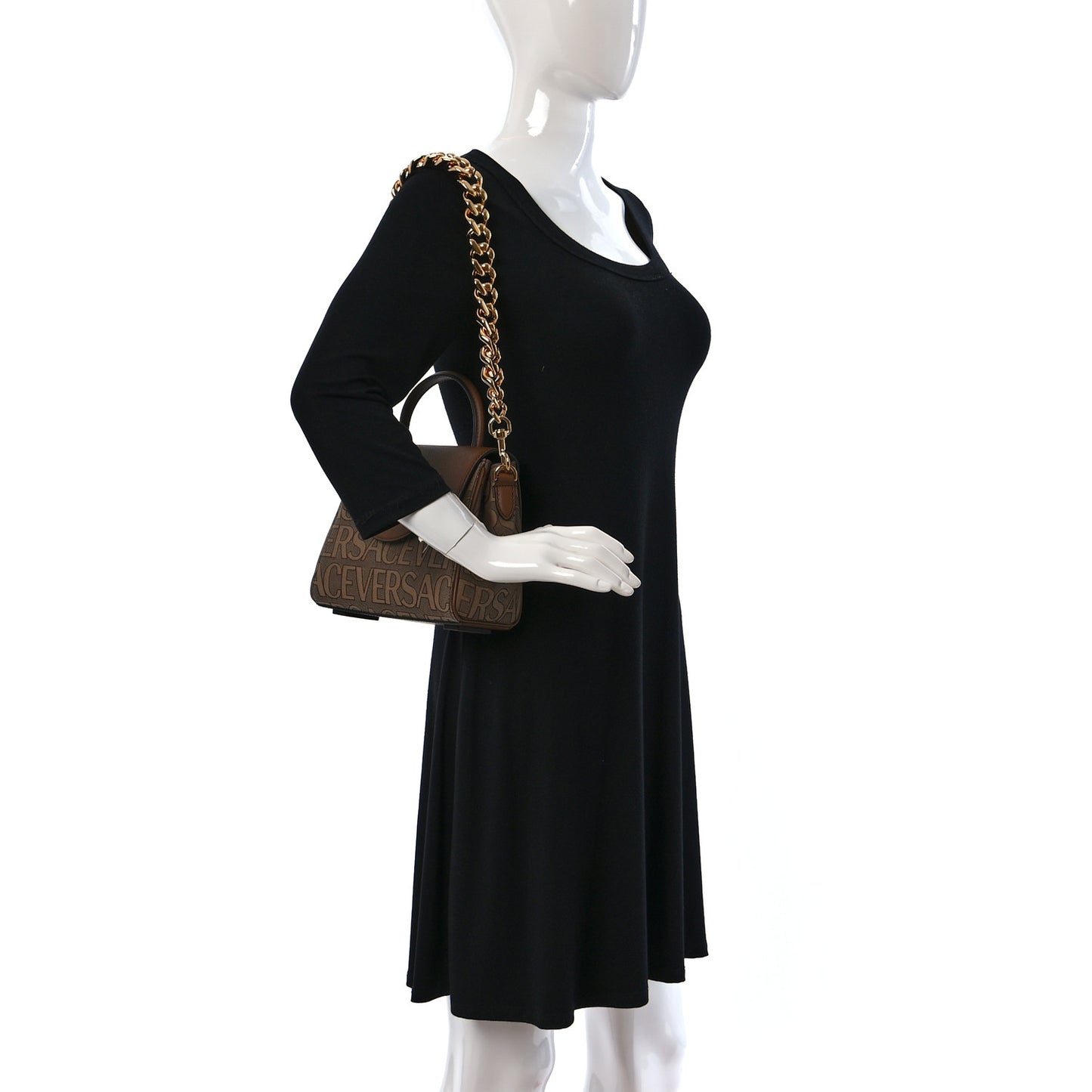 Calfskin Canvas Allover La Medusa Small Top Handle Handbag Brown