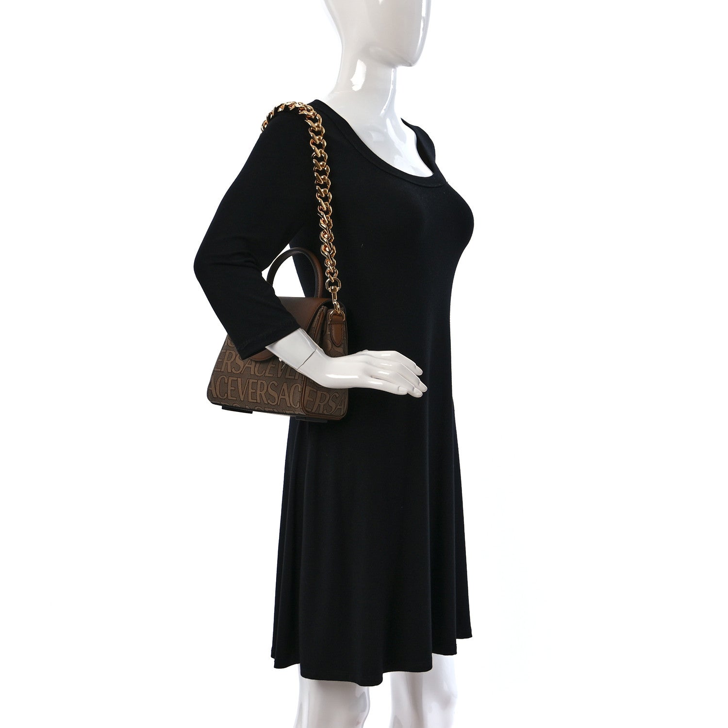 Versace Calfskin Canvas Allover La Medusa Small Top Handle Handbag Brown 2 of 8