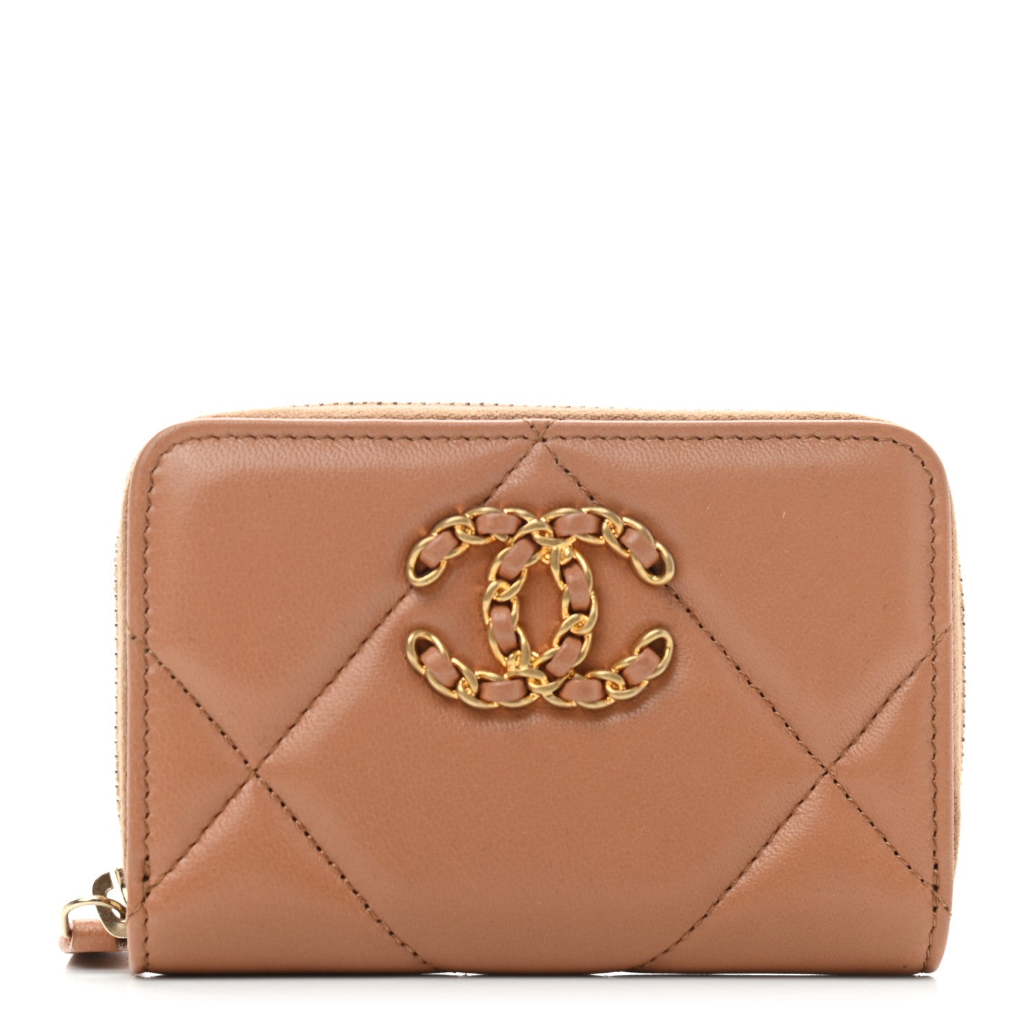 Chanel Lambskin Quilted Chanel 19 Zip Around Coin Purse Wallet Brown 1 of 7