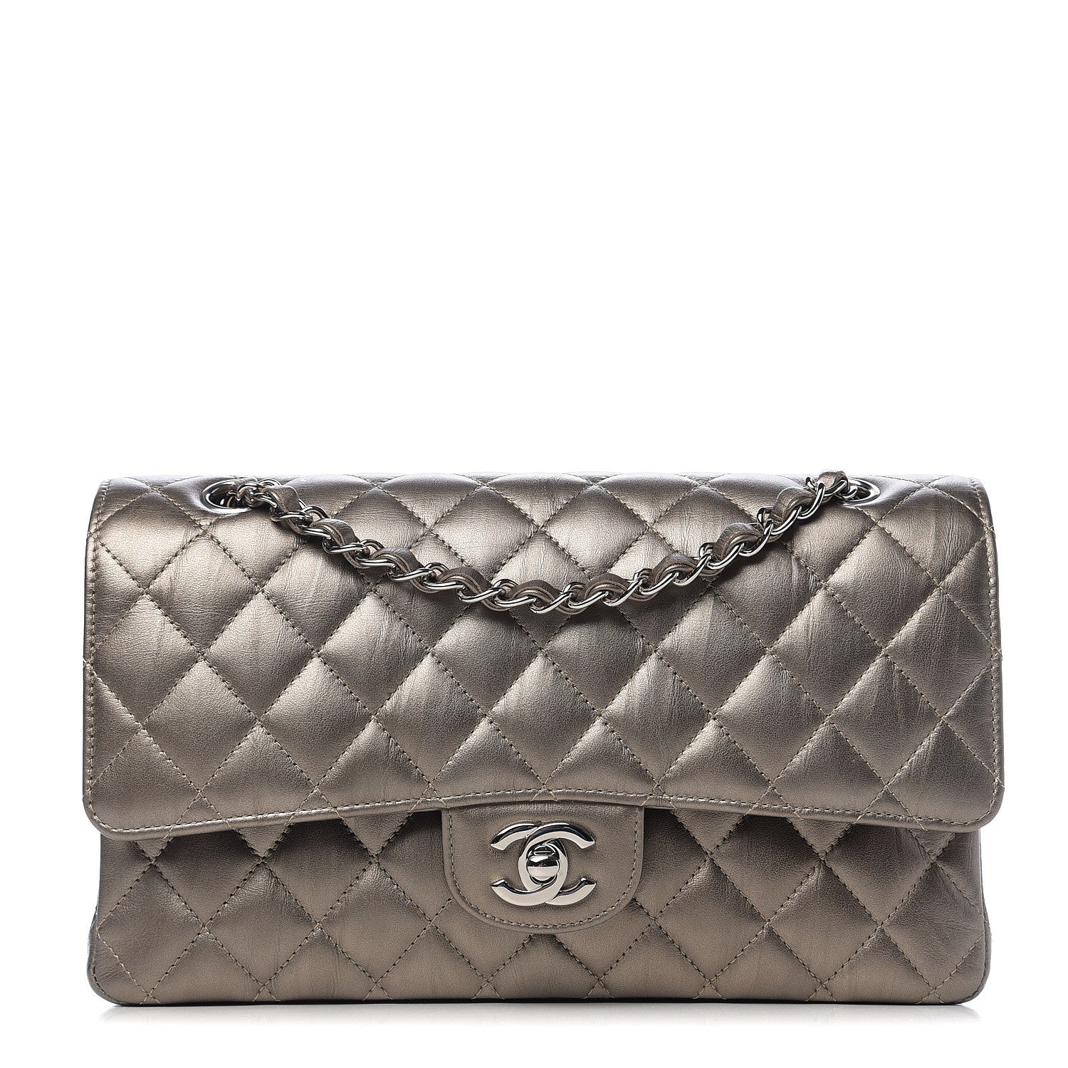 Chanel Metallic Calfskin Quilted Medium Double Flap Dark Silver 1 of 9