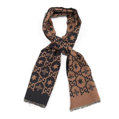 Gucci Wool Silk GG Monogram Fly Constellation Scarf Brown Black 1 of 4