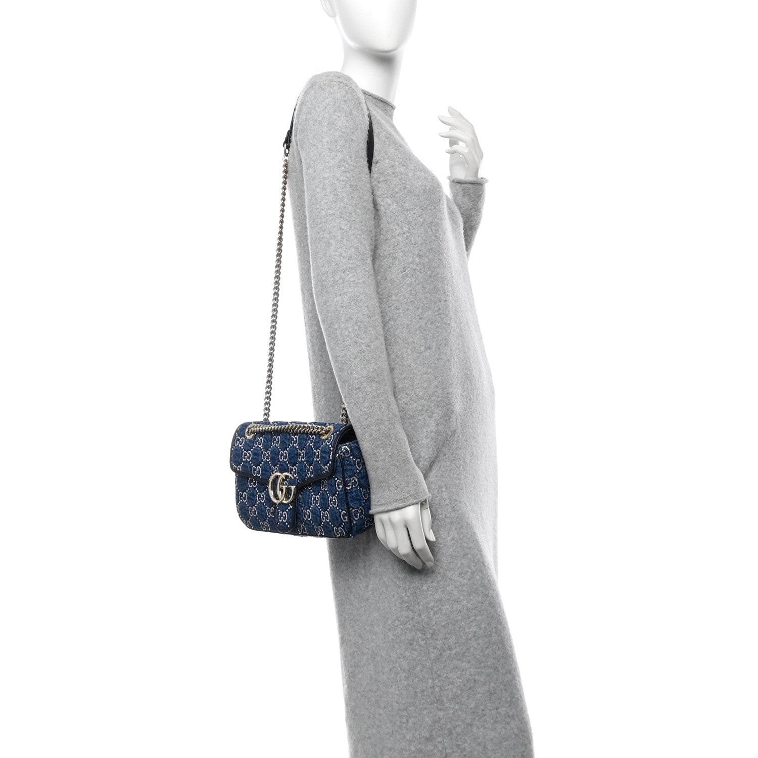Gucci Denim Crystal Applique Small GG Marmont Shoulder Bag Blue 2 of 10