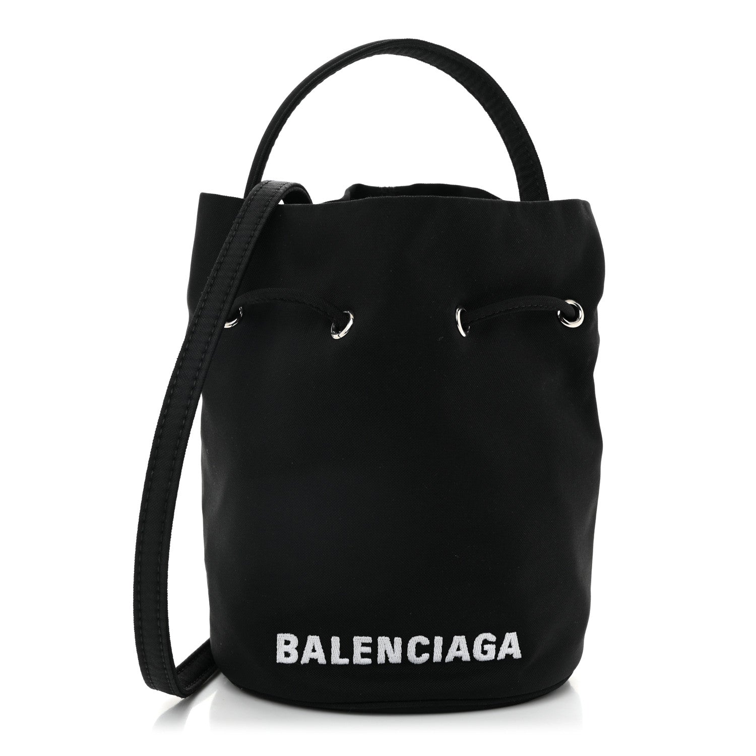 Balenciaga Recycled Sport Nylon Logo Embroidered Wheel Drawstring Bucket Bag Black White 1 of 10