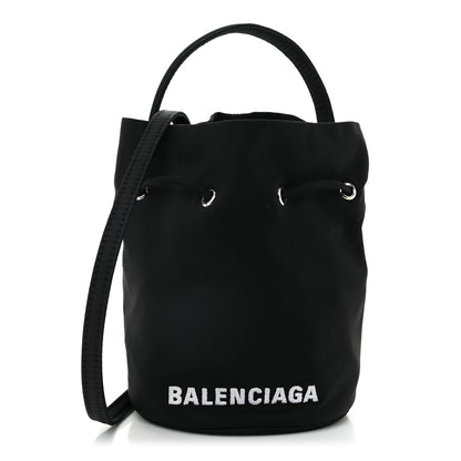 Balenciaga Recycled Sport Nylon Logo Embroidered Wheel Drawstring Bucket Bag Black White 1 of 10