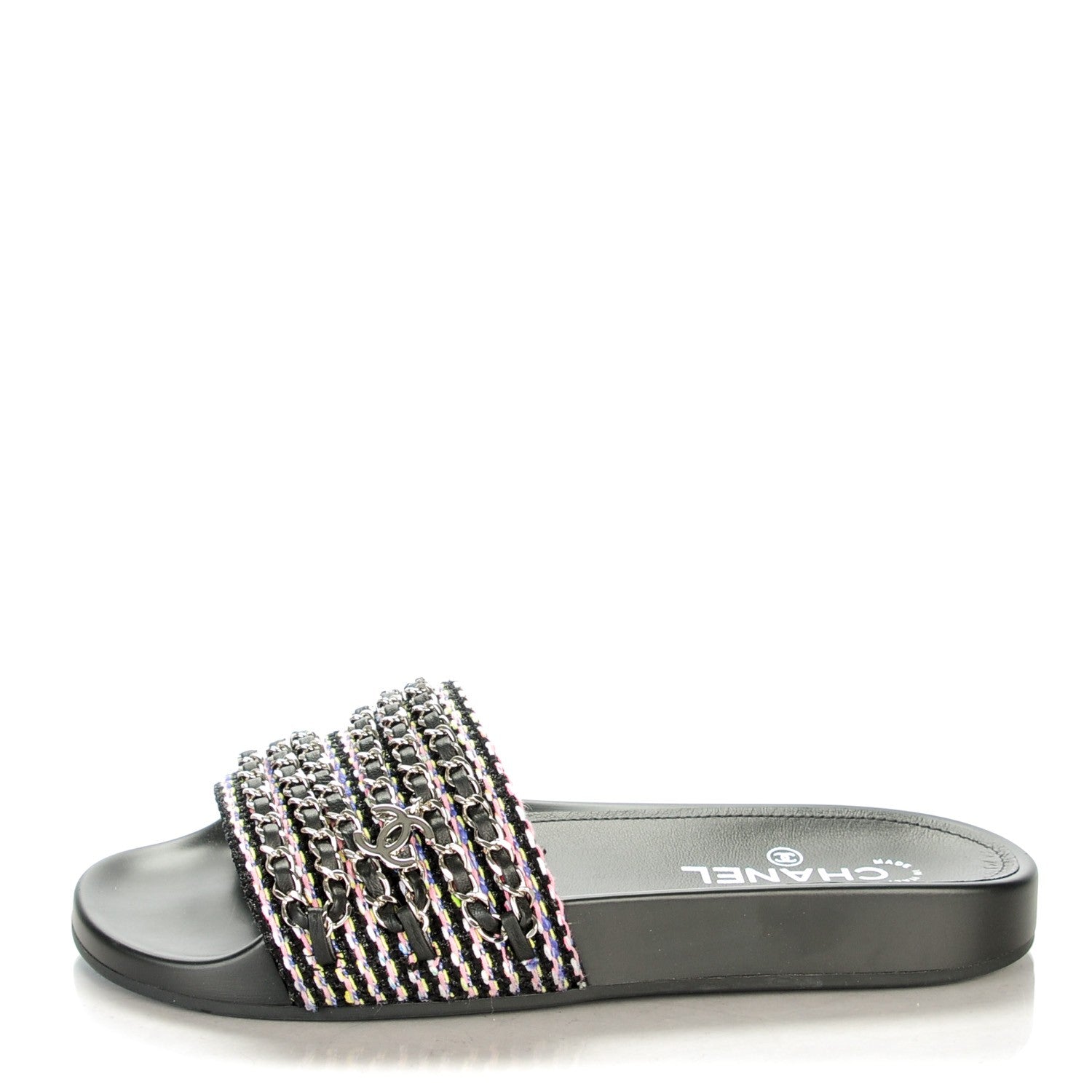 Chanel Tweed Lambskin Chain Flat Sandals 39 Black Multicolor 1 of 9