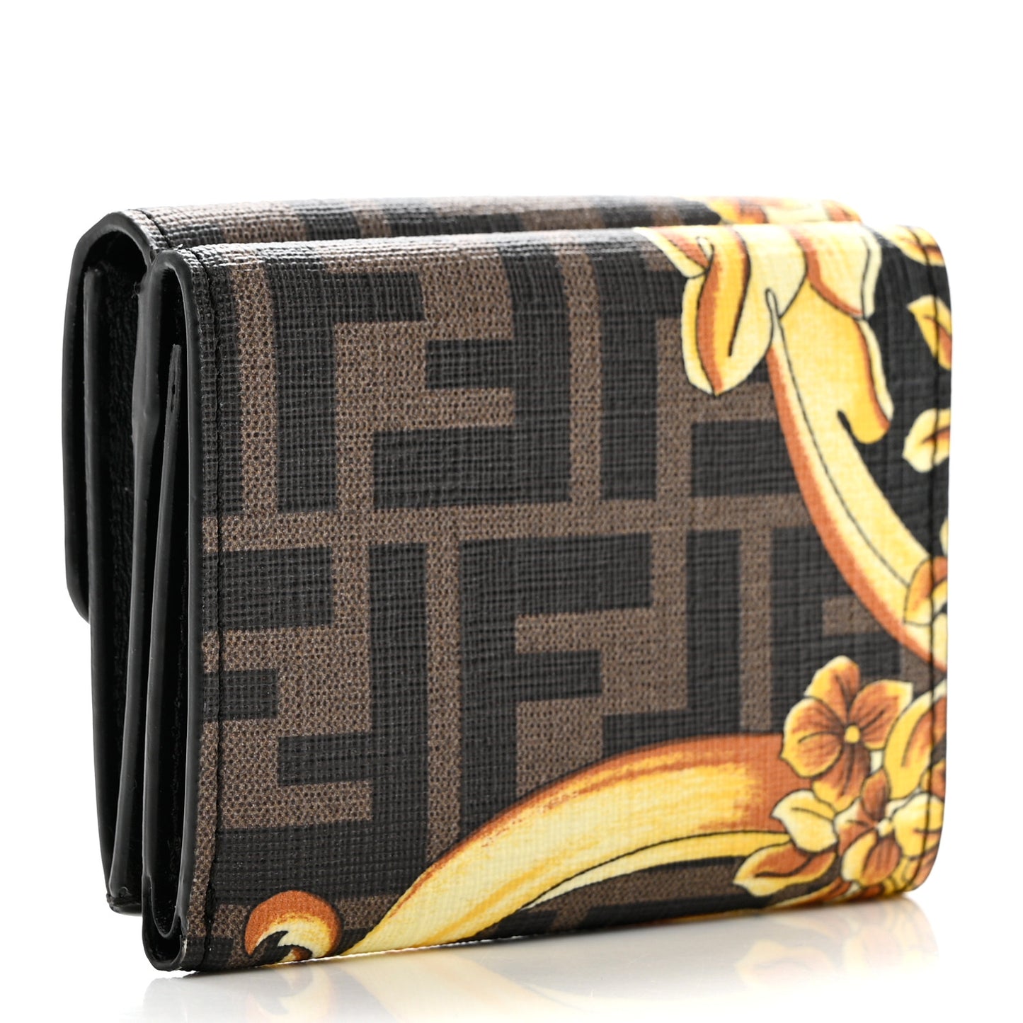 X VERSACE Glazed Fabric Fendace FF Baroque Micro Tri-Fold Wallet Gold Tobacco Black