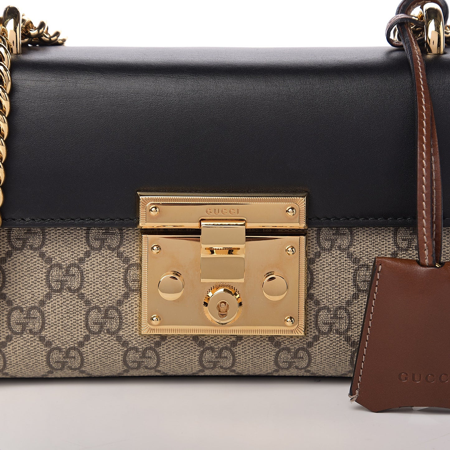 GG Supreme Monogram Calfskin Small Padlock Shoulder Bag Beige Black Cuir