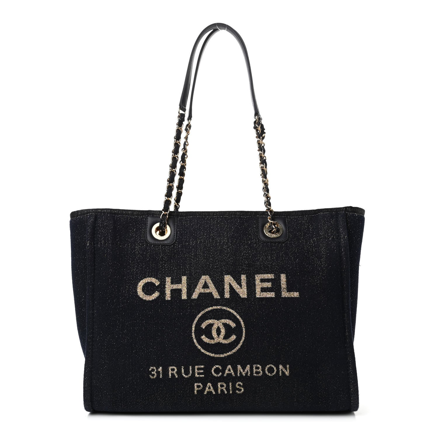 Chanel Lurex Canvas Small Deauville Tote Navy Blue Gold 1 of 4