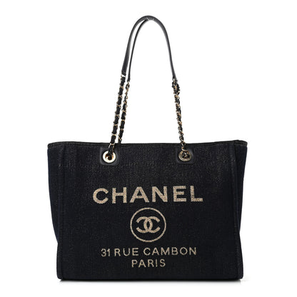Chanel Lurex Canvas Small Deauville Tote Navy Blue Gold 1 of 10