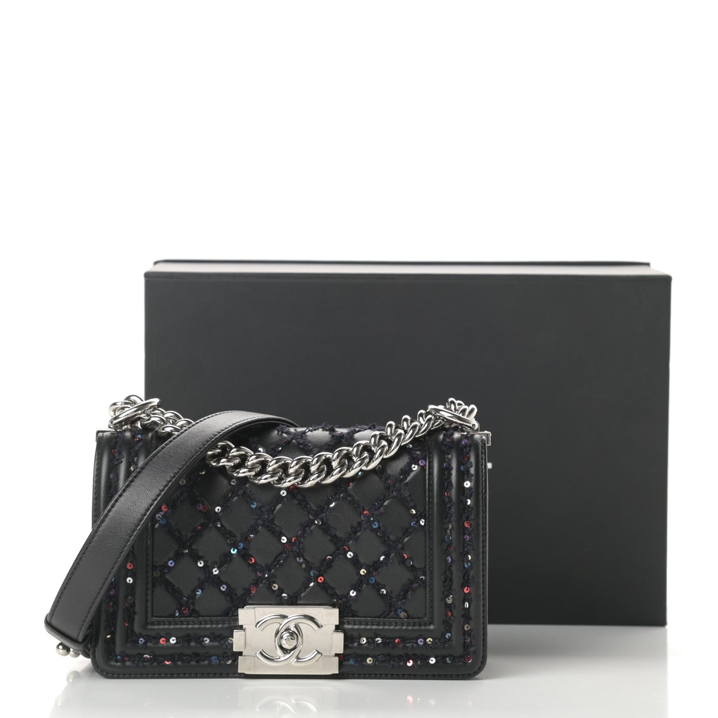 Lambskin Tweed Sequin Quilted Small Boy Flap Black