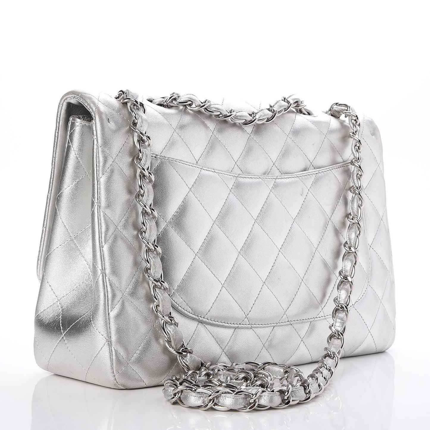 Metallic Lambskin Quilted Jumbo Single Flap Silver