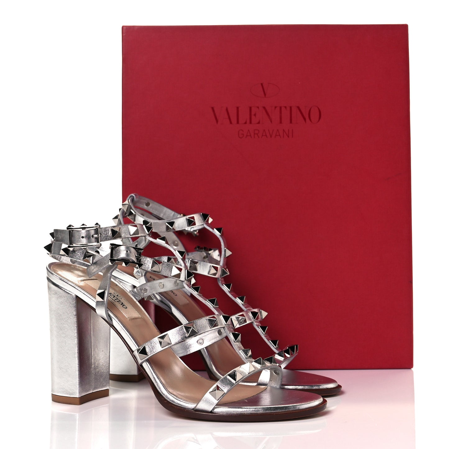 Metallic Calfskin Rockstud 90mm City Sandals 37 Silver