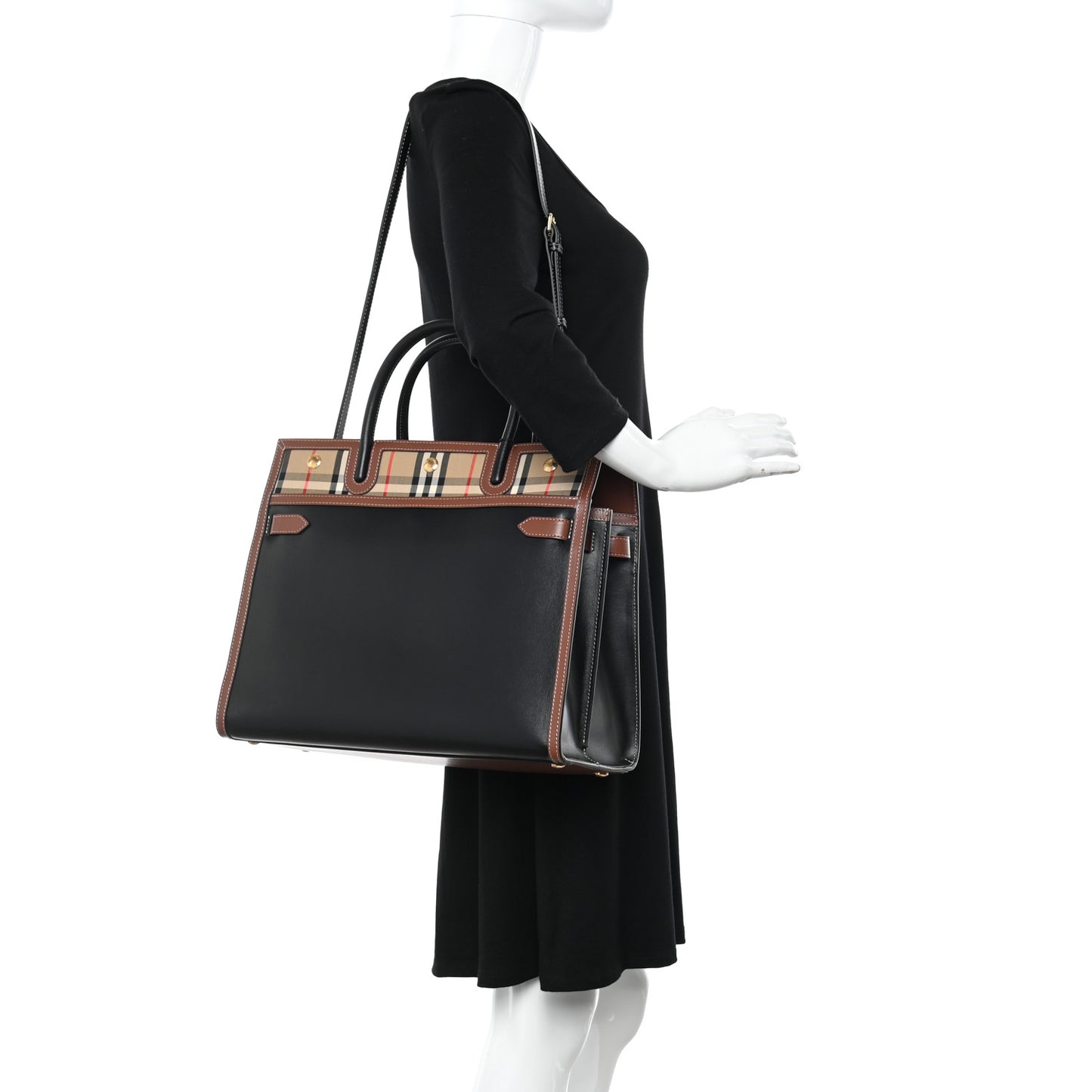 Calfskin Vintage Check Medium Two Handle Title Bag Black