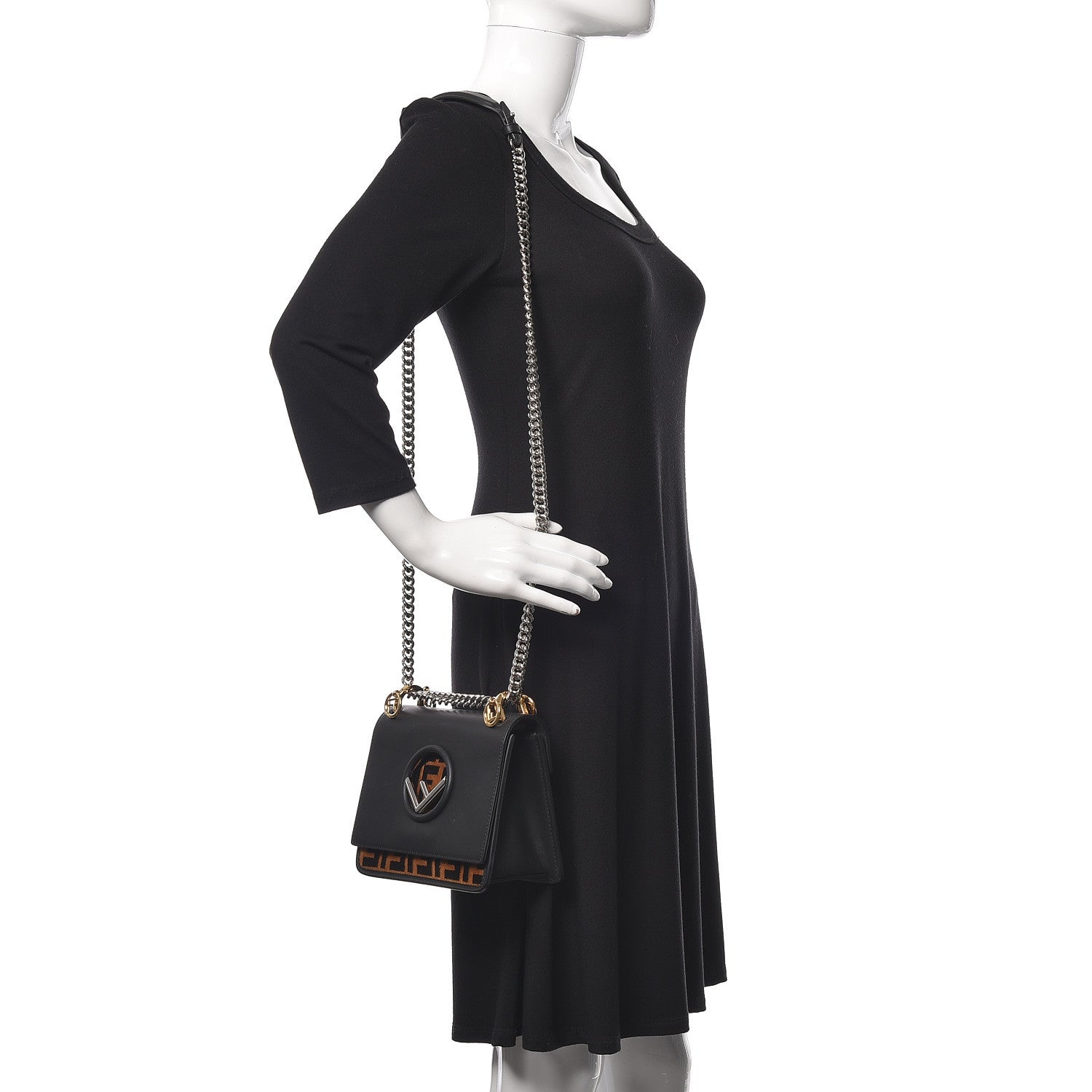 Fendi Vitello Century Velvet F is Fendi FF Small Kan I Shoulder Bag Black Tobacco 2 of 11