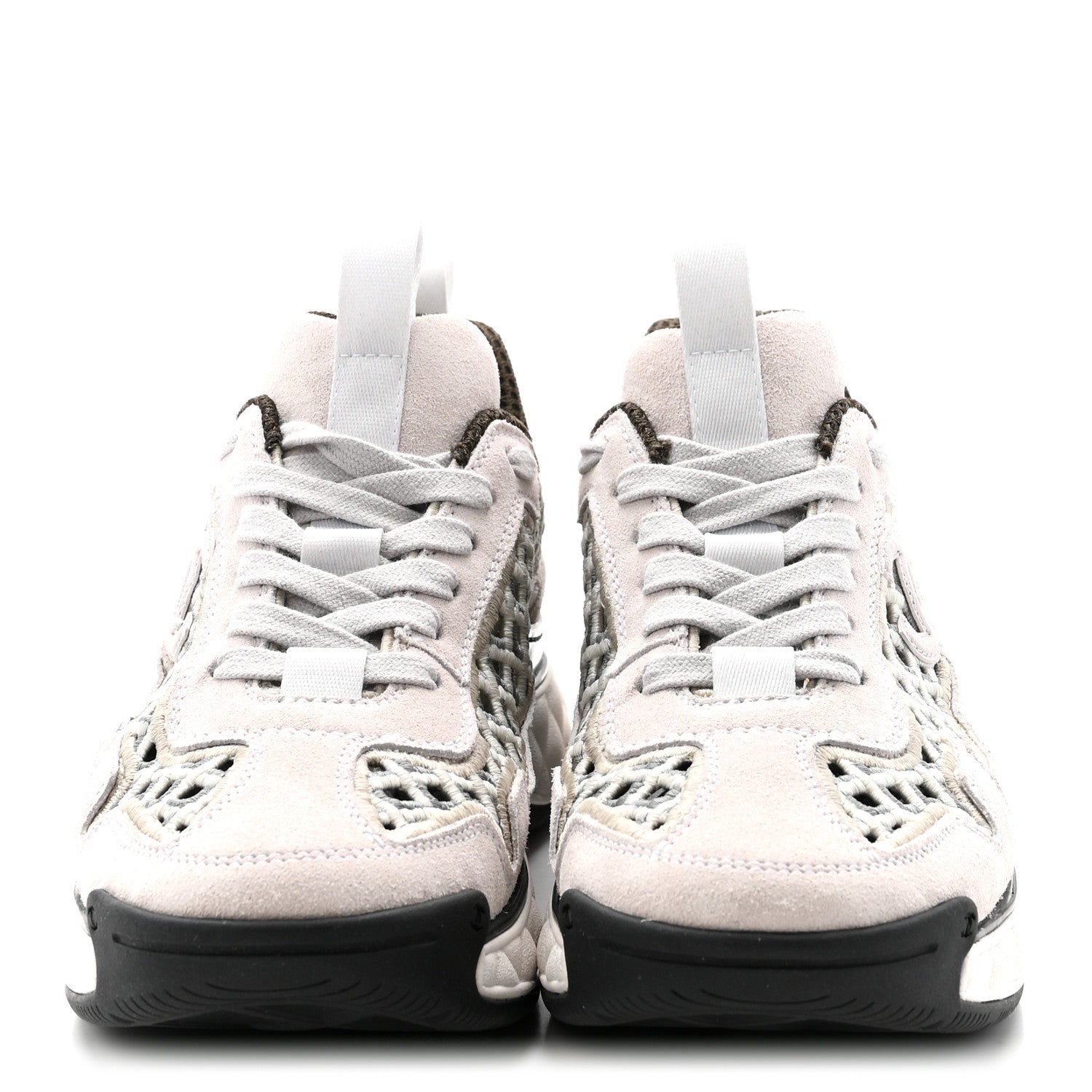 Chanel Suede Calfskin Embroidered CC Sneakers 35.5 Ecru Light Gray 3 of 9