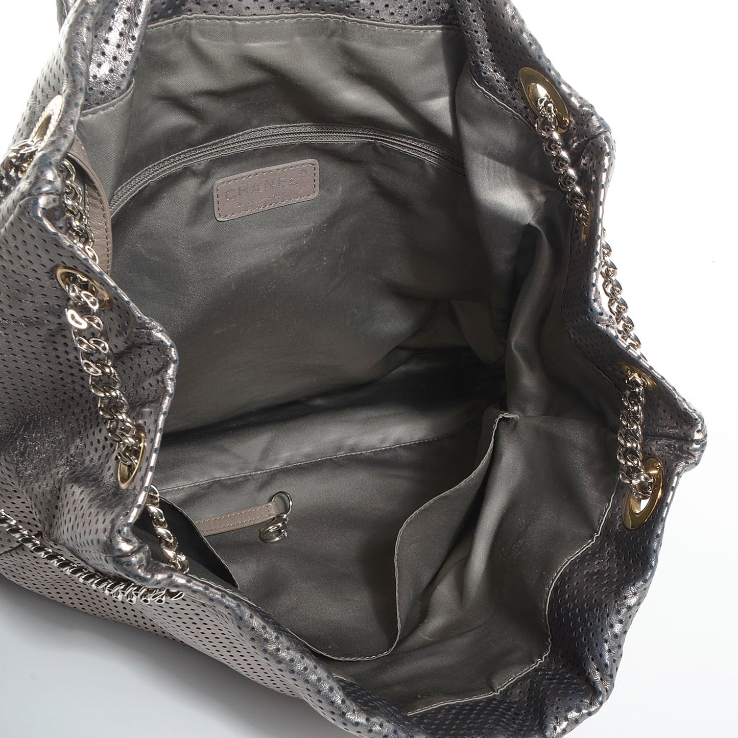 Metallic Crackled Calfskin Perforated Drill Shoulder Bag Silver