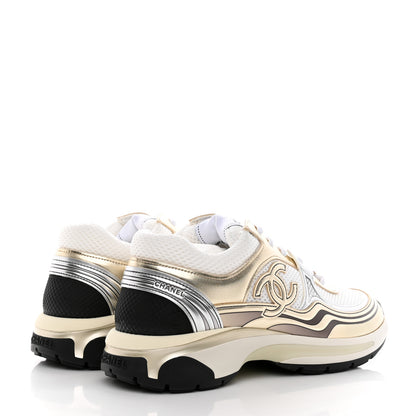 Chanel Fabric Laminated Calfskin Stretch CC Womens Sneakers 39 White Gold Silver 4 of 11