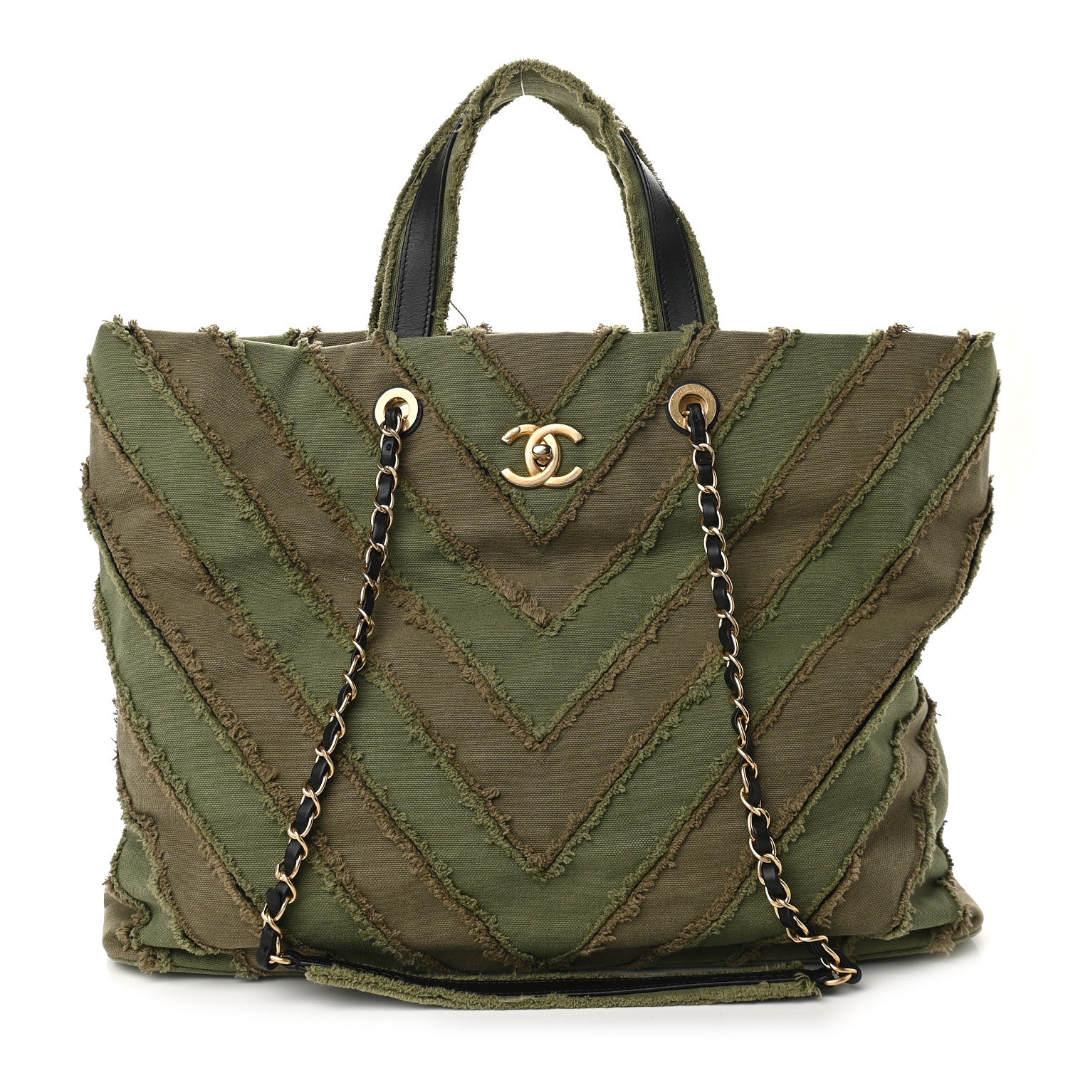 Chanel Canvas Chevron Cuba Patchwork Shopper Tote Khaki 1 of 13