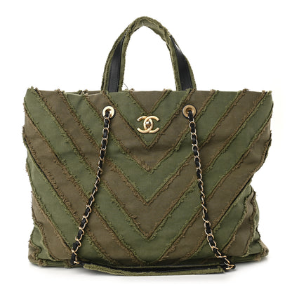 Chanel Canvas Chevron Cuba Patchwork Shopper Tote Khaki 1 of 13