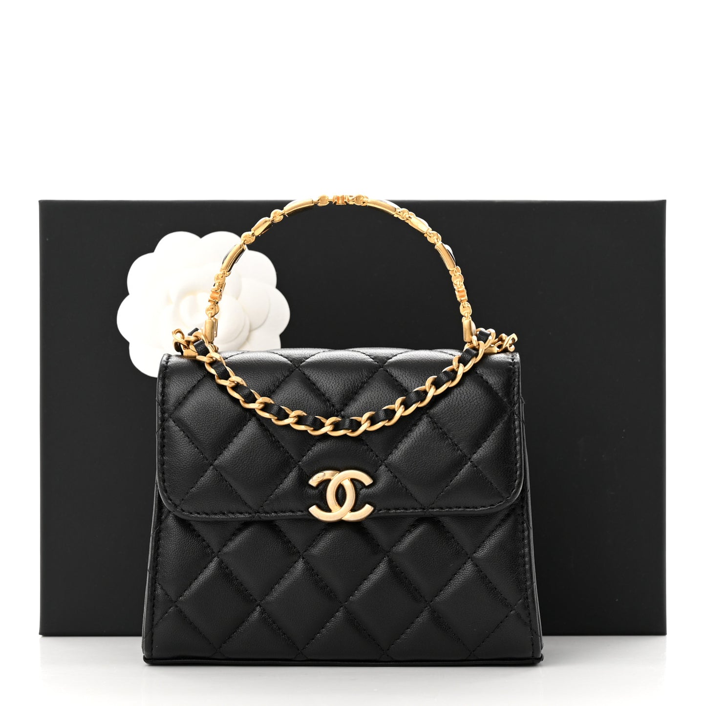 Lambskin Enamel Quilted Top Handle Flap With Chain Black