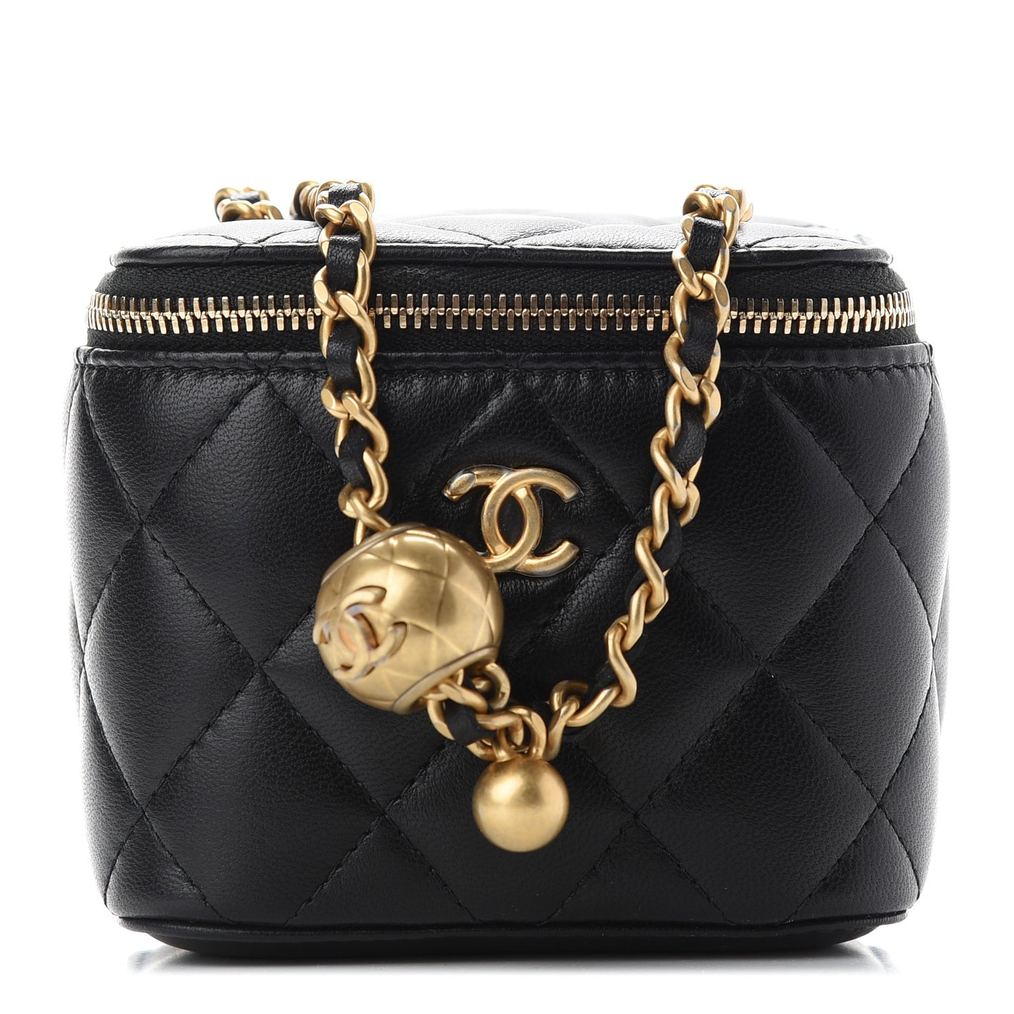Lambskin Quilted Mini Pearl Crush Vanity Case With Chain Black
