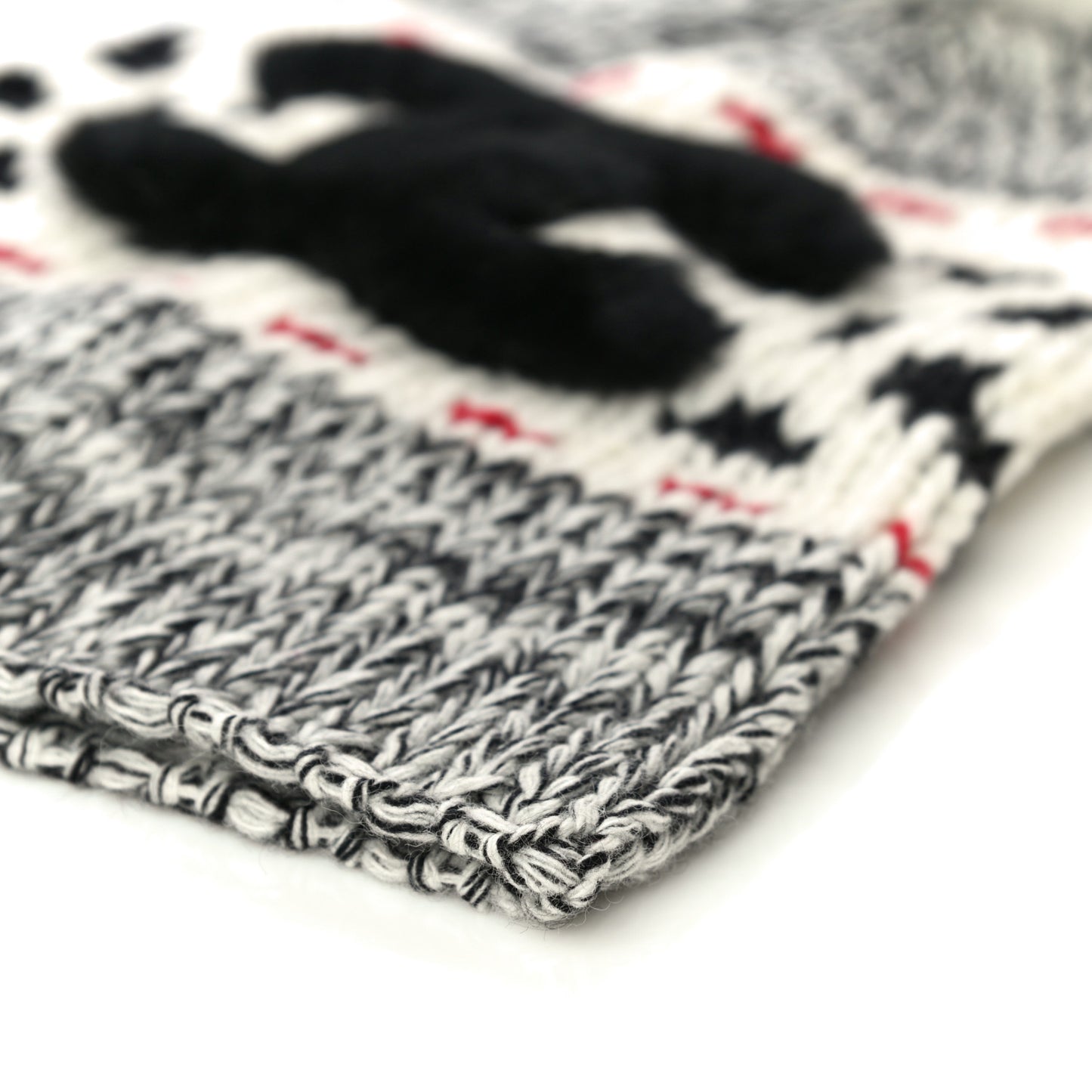 Wool Shearling CC Beanie Hat Ivory Black Red