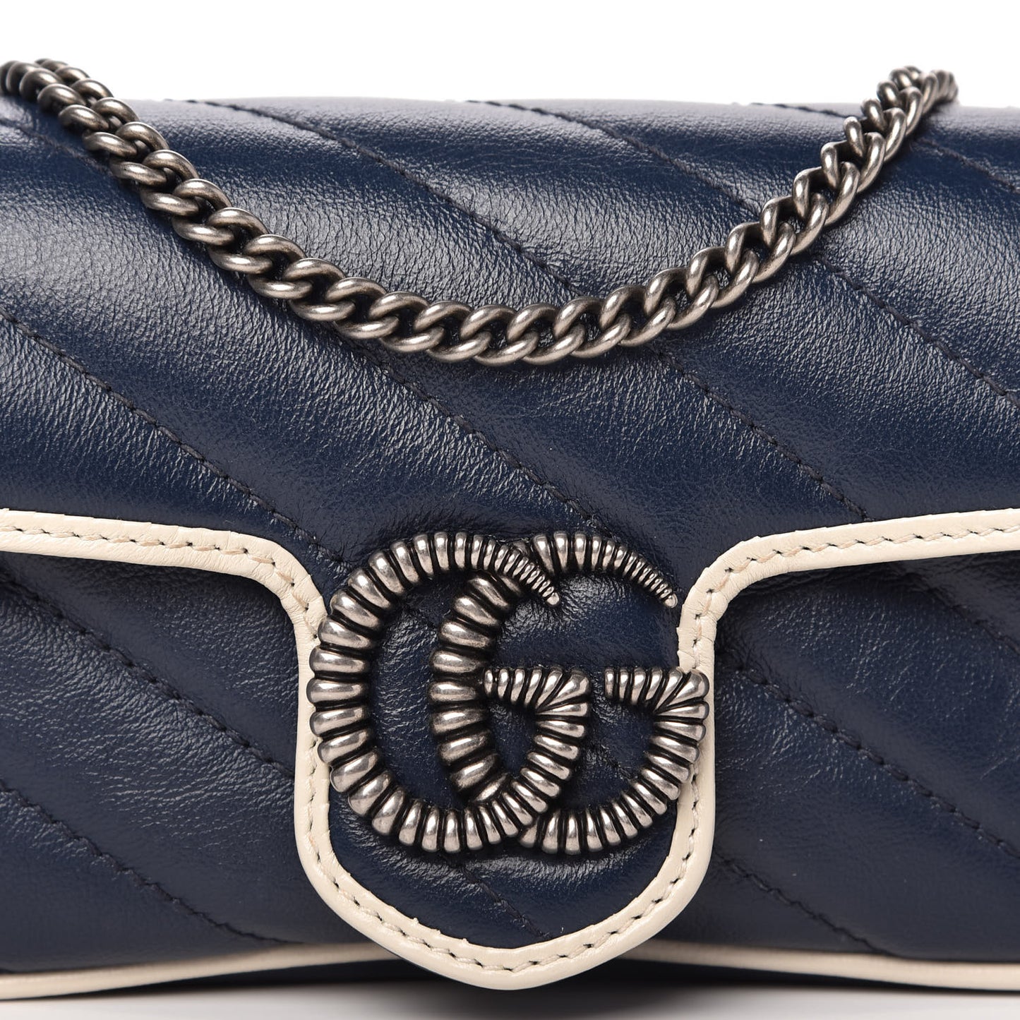 Vintage Effect Calfskin Matelasse Diagonal Super Mini Torchon GG Marmont Shoulder Bag Blue Agata Mystic White