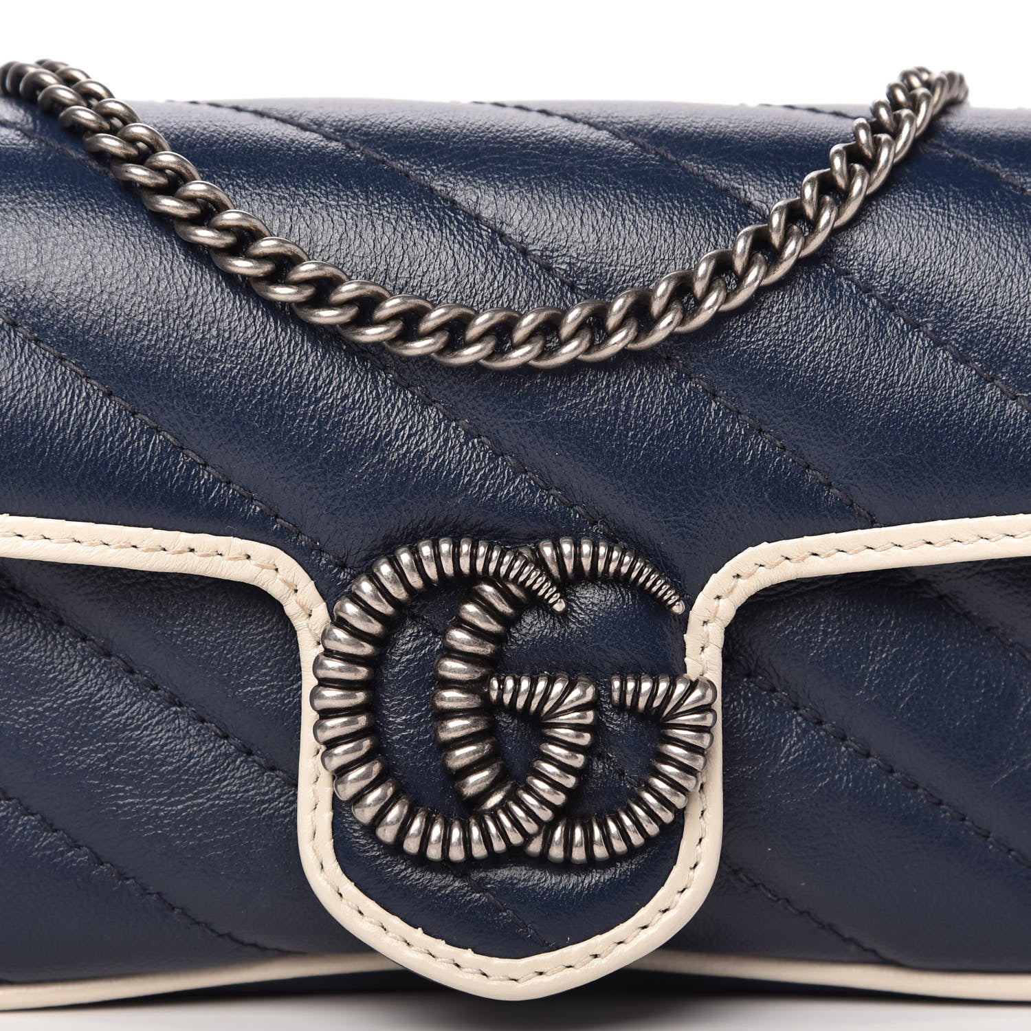 Gucci Vintage Effect Calfskin Matelasse Diagonal Super Mini Torchon GG Marmont Shoulder Bag Blue Agata Mystic White 10 of 11
