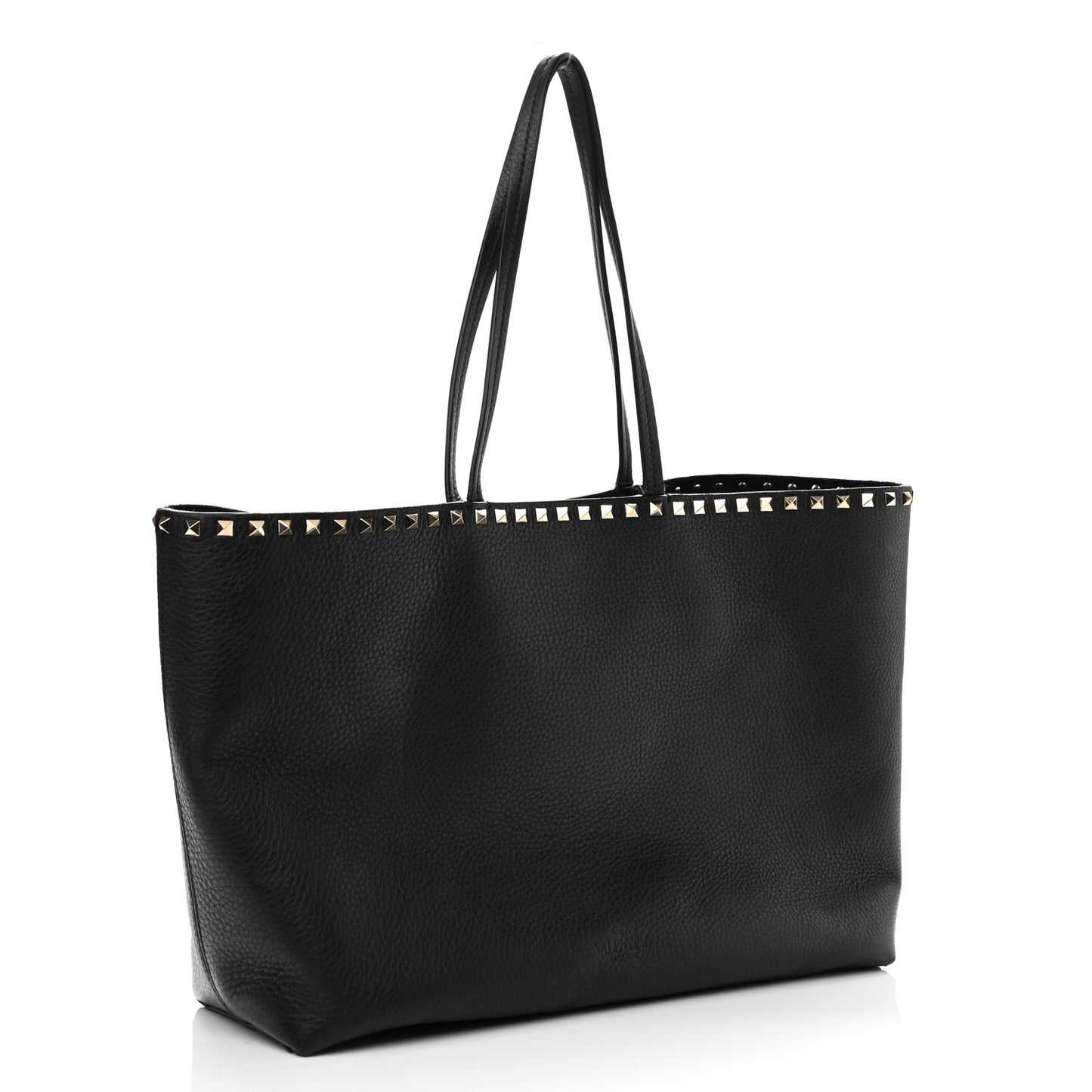 Grained Calfskin Rockstud Shoulder Tote Black