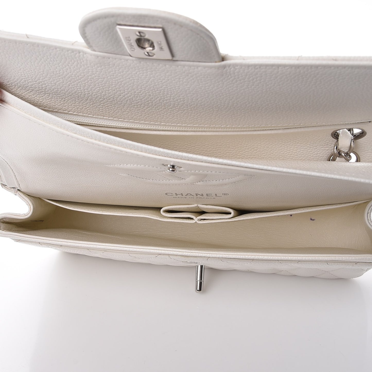Caviar Quilted Medium Double Flap White