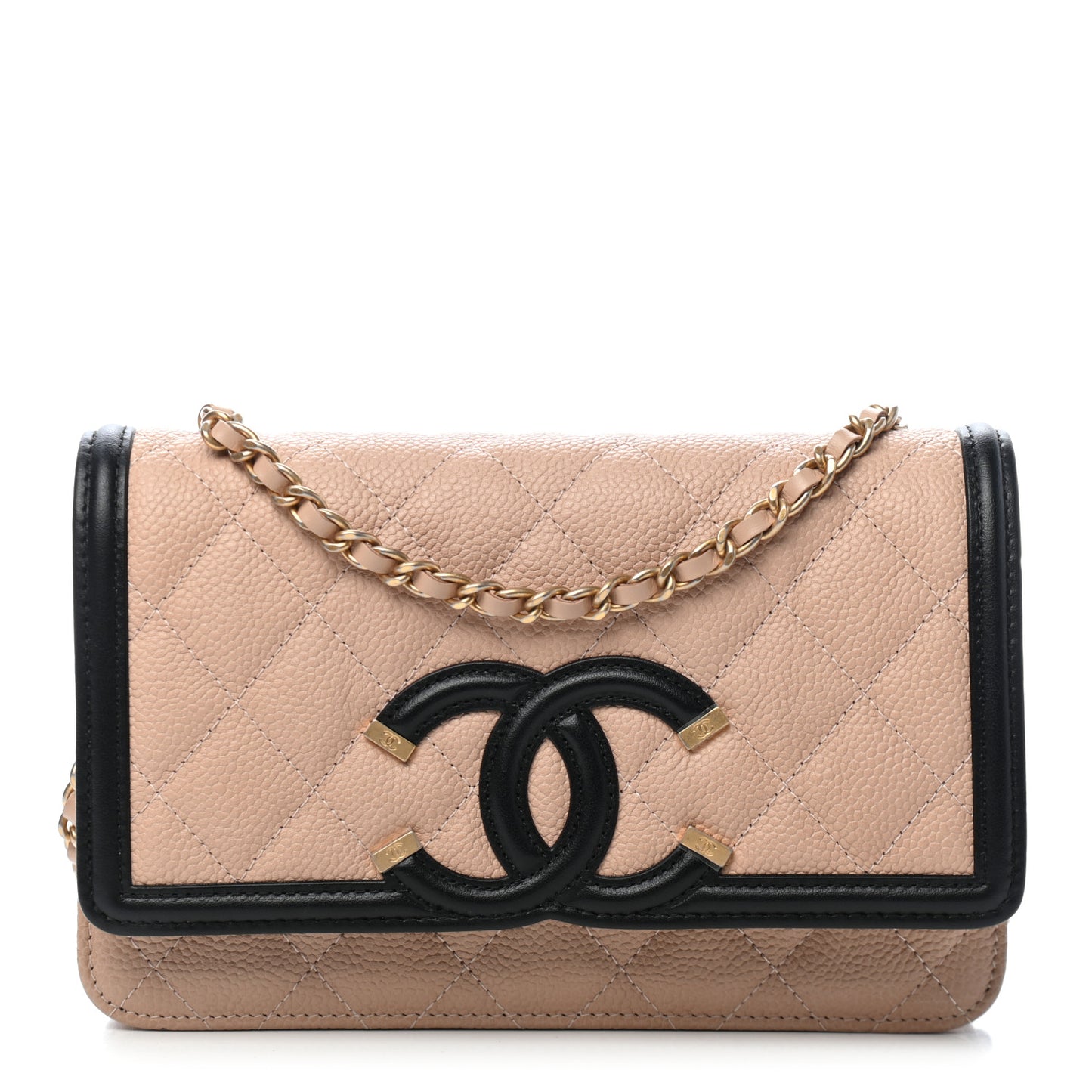 Caviar Quilted CC Filigree Wallet On Chain WOC Beige Black