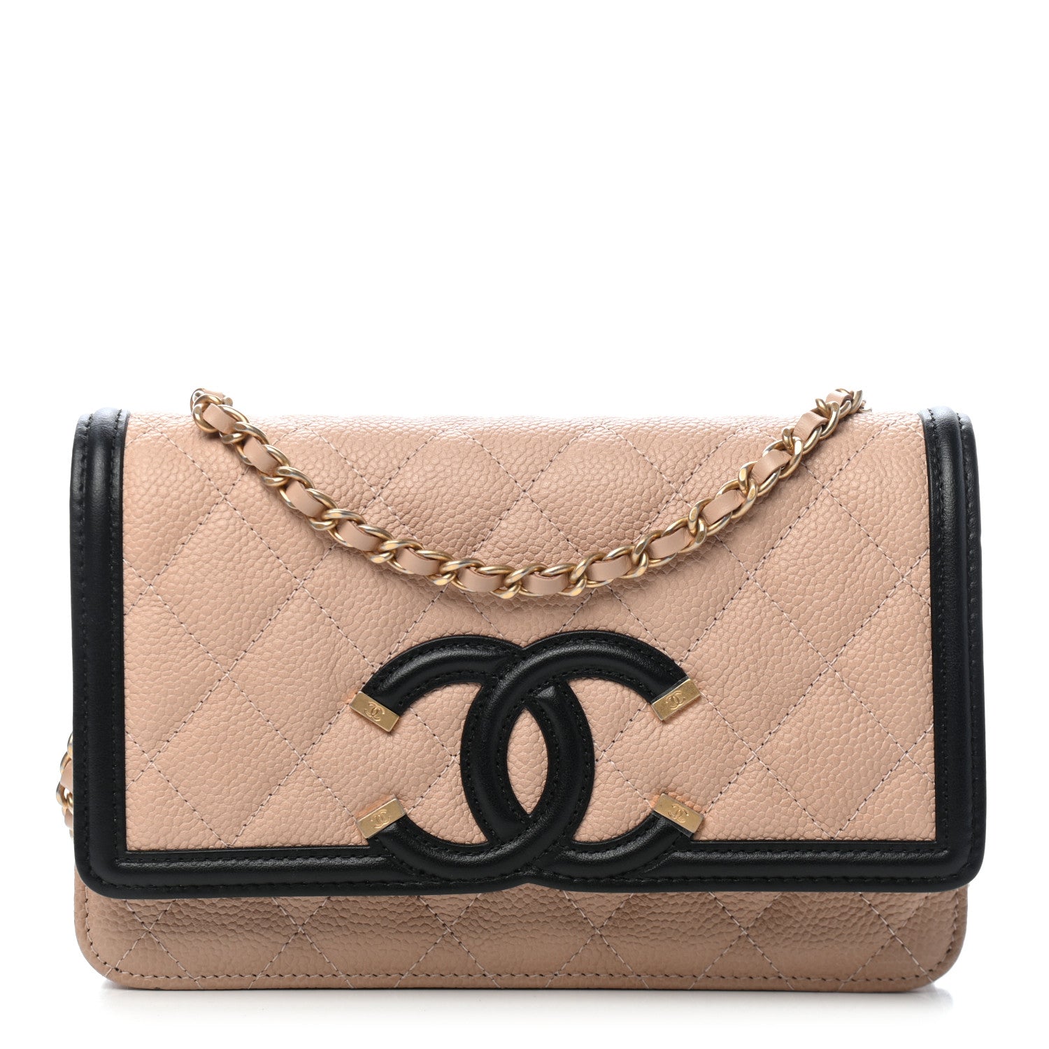Chanel Caviar Quilted CC Filigree Wallet On Chain WOC Beige Black 1 of 10
