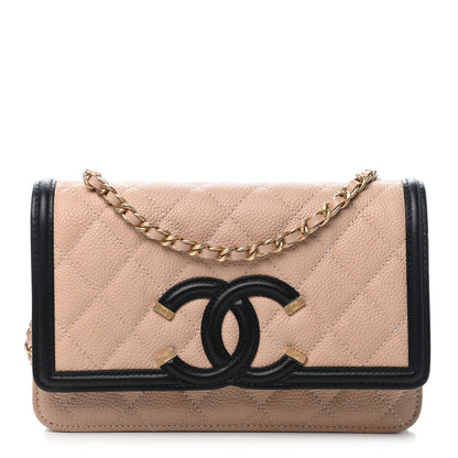 Chanel Caviar Quilted CC Filigree Wallet On Chain WOC Beige Black 1 of 10