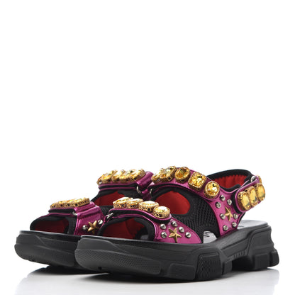Gucci Nappa Mesh Crystal Embellished Studded Womens Aguru Sandals 37 Pink Black 3 of 15