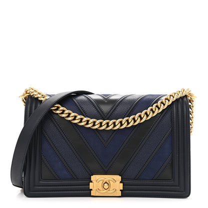 Chanel Caviar Suede Calfskin Chevron New Medium Boy Flap Navy 1 of 12