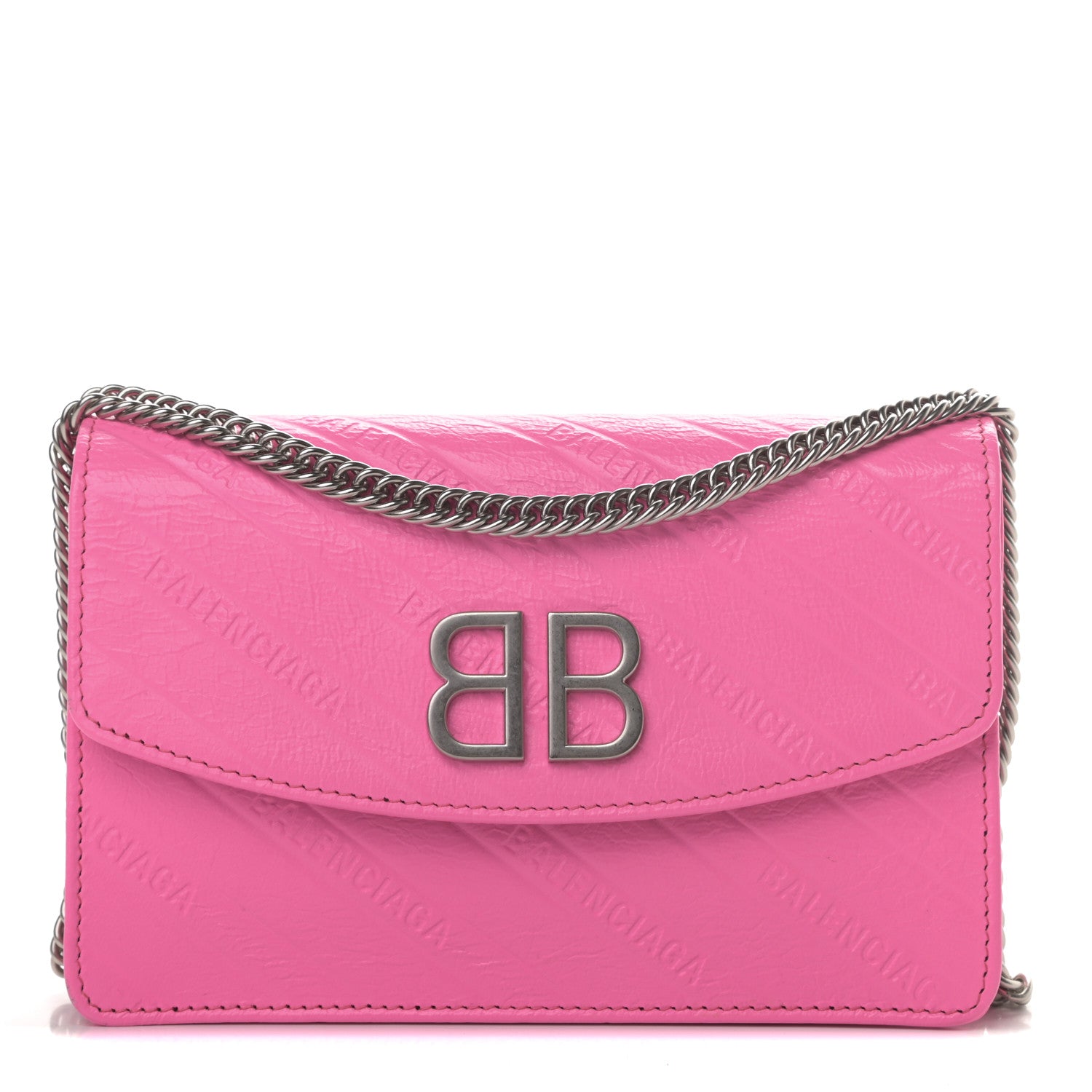 Balenciaga Shiny Goatskin Logo Embossed BB Wallet On Chain Acid Pink 1 of 11