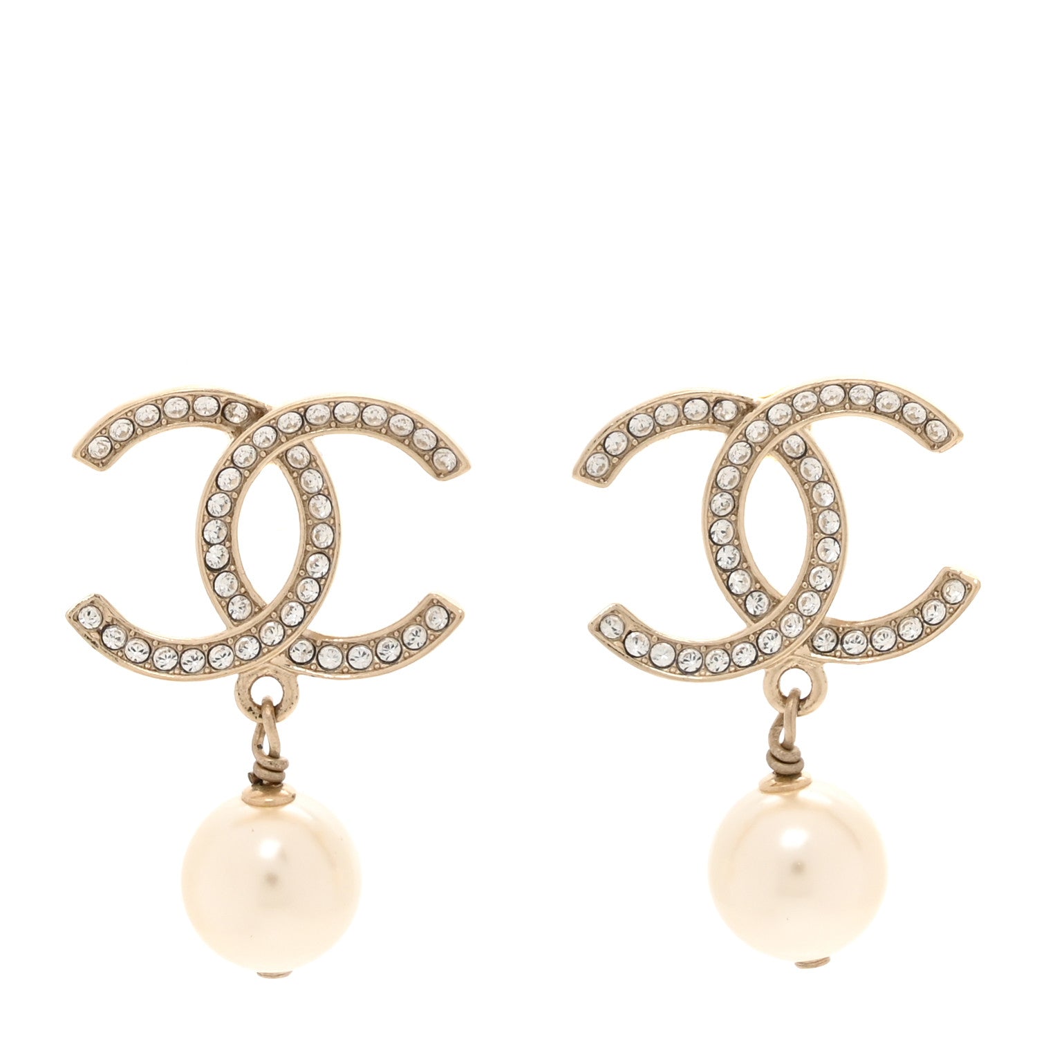 Chanel Crystal Pearl CC Drop Earrings Gold 1 of 5
