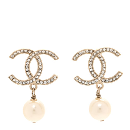 Chanel Crystal Pearl CC Drop Earrings Gold 1 of 5