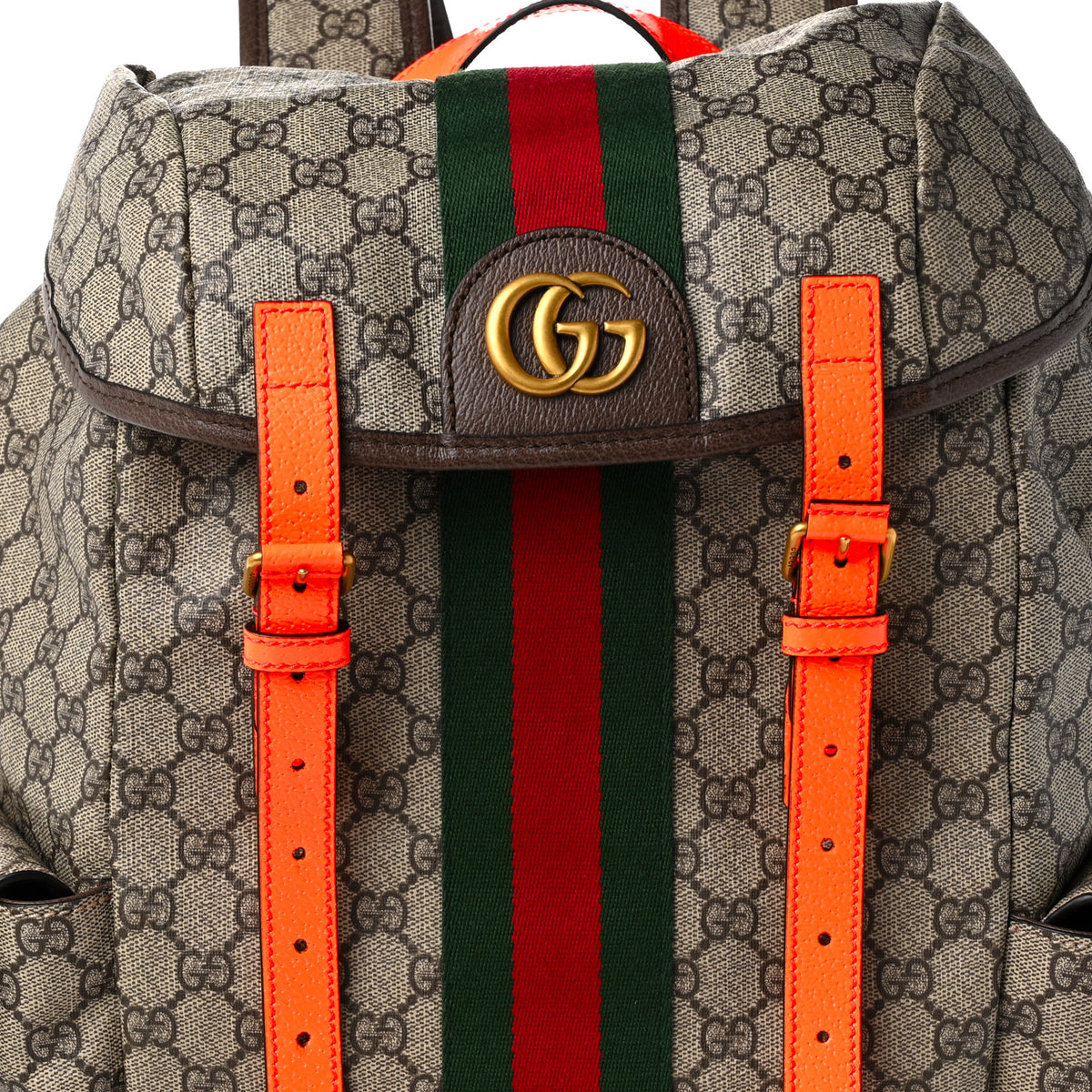 Gucci GG Supreme Monogram Medium Ophidia Double Buckle Backpack Beige Ebony Neon Orange 7 of 9
